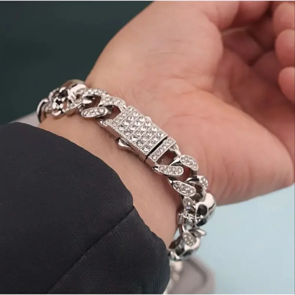 Men’s CZ Gothic Skull Cuban Link Bling Bracelet 8 in Rock Punk Band Party